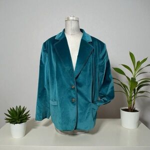 Talbots Teal Velvet Blazer with Notched Lapel Cotton/Silk Blend Size 18